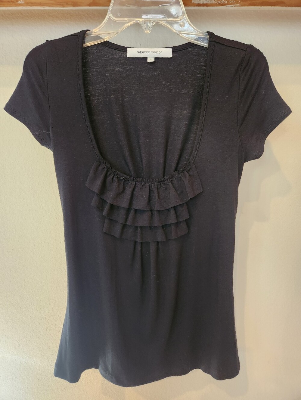 Lightweight Black Top With Cute Front Ruffle Accents And Gathered Back